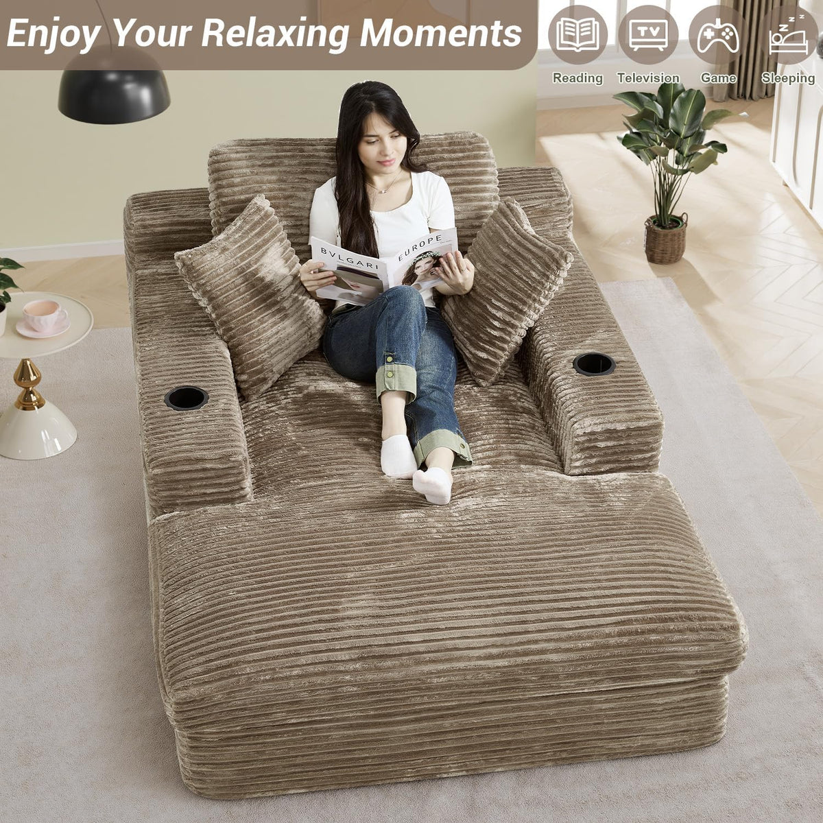 49" x 76" Corduroy Chaise Lounge, Cup Holders, Camel | Super-oversized corduroy chaise with deep sleeper seating and built-in cup holders for reading, lounging rest.