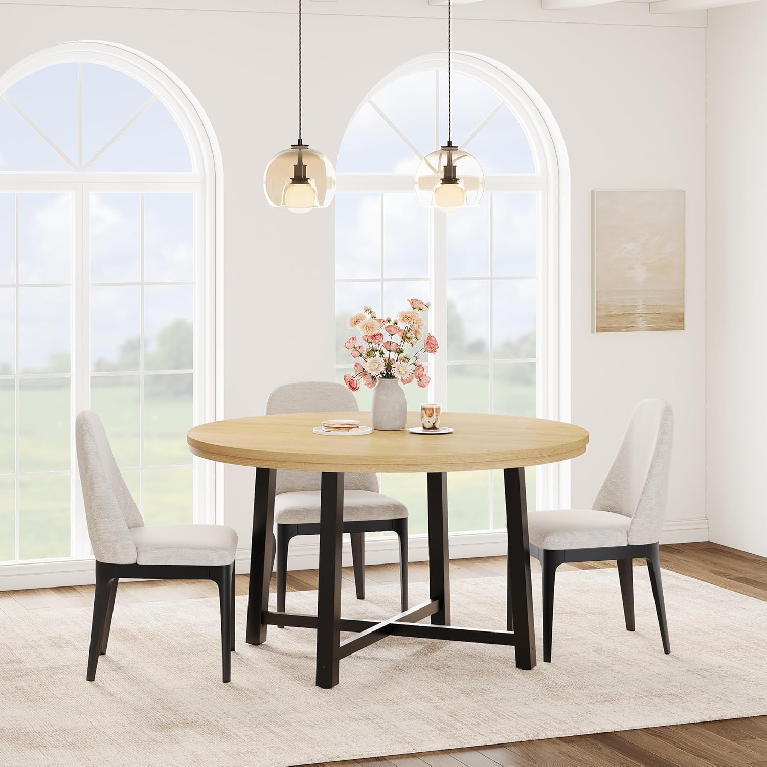 IDEALHOUSE 47" Round Dining Table for 4, Kitchen Dining Room Table with Sturdy Metal Frame, Wood Circle Kitchen Table for Space Saving - Natural Oak (No Chairs)