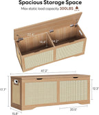 LIKIMIO 47.2" Rattan Storage Ottoman Bench Chest, Rustic Wood | Vintage brown rattan and wood frame; 330 lb support and 47.2 x 15.8 x 17.7 in size.