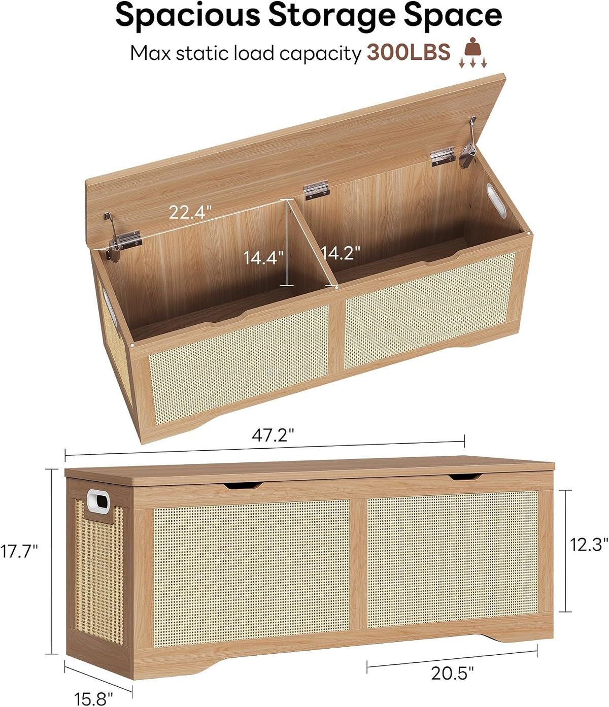 LIKIMIO 47.2" Rattan Storage Ottoman Bench Chest, Rustic Wood | Vintage brown rattan and wood frame; 330 lb support and 47.2 x 15.8 x 17.7 in size.