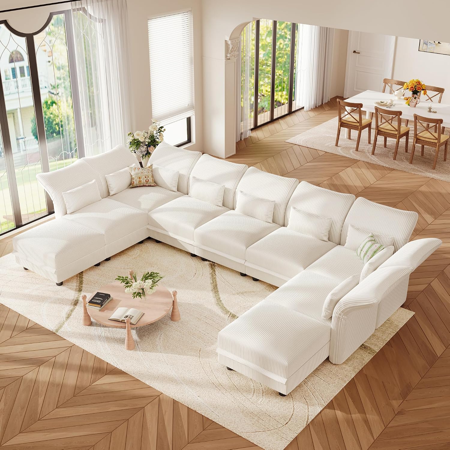 LLappuil 9 Seat Sectional Couch with Storage, Large U Shaped Corduroy Modular Sectional Sofa for Living Room with Adjustable Arms Backs, Plush Supportive Cushions (Beige)