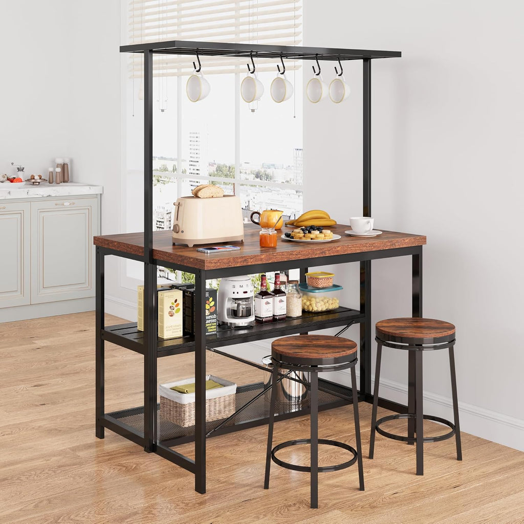 GarveeHome Kitchen Island with Storage, 42''Island Table for Kitchen with Seating Bakers Rack Microwave Oven Stand Shelf with 3 Tier Storage Shelf for Dining Room Living Room, 5 Hooks 42"*28"*72"