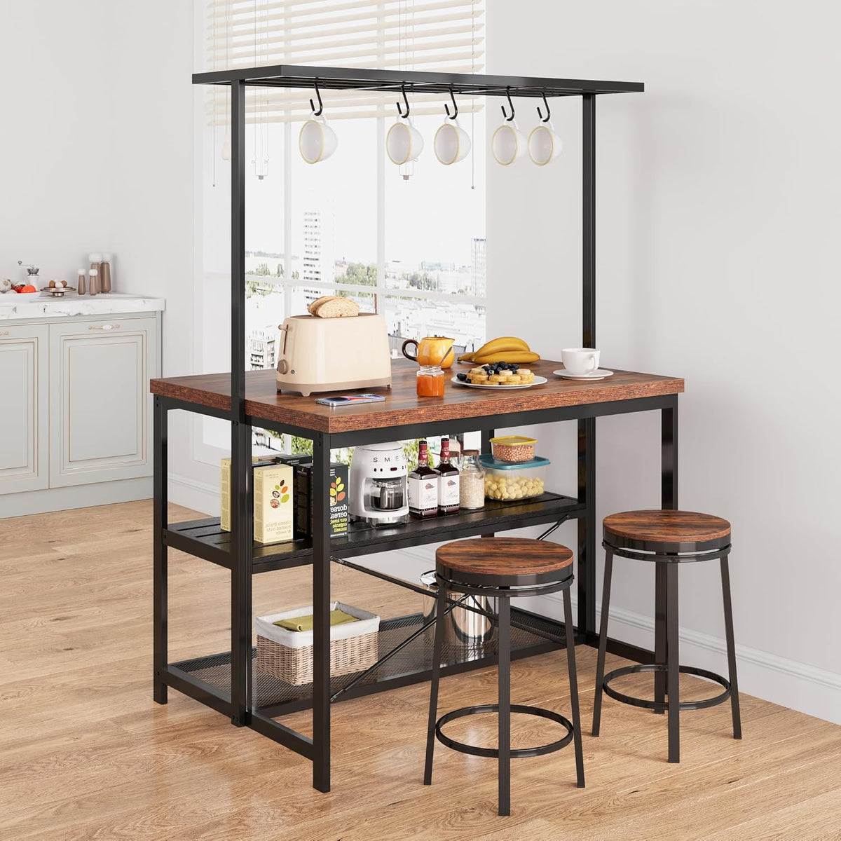 GarveeHome Kitchen Island with Storage, 42''Island Table for Kitchen with Seating Bakers Rack Microwave Oven Stand Shelf with 3 Tier Storage Shelf for Dining Room Living Room, 5 Hooks 42"*28"*72"
