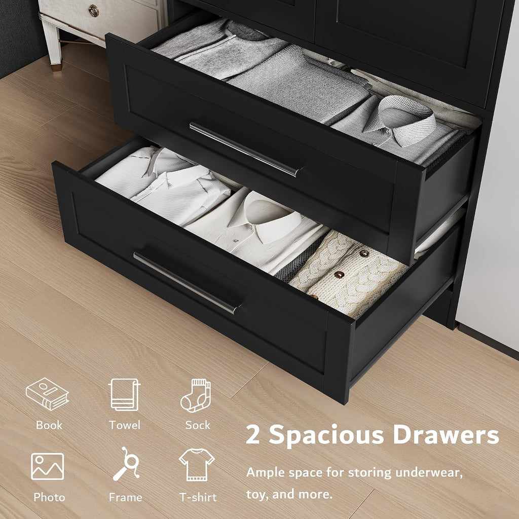 iPormis Wooden Armoire Wardrobe Closet with 2 Drawers, Clothing Storage Cabinet with Shelves Aluminum Hanging Rod, Wardrobe Storage with Strong Door Closure, Modern Bedroom Clothing Armoires, Black