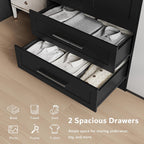 iPormis Wooden Armoire Wardrobe Closet with 2 Drawers, Clothing Storage Cabinet with Shelves Aluminum Hanging Rod, Wardrobe Storage with Strong Door Closure, Modern Bedroom Clothing Armoires, Black