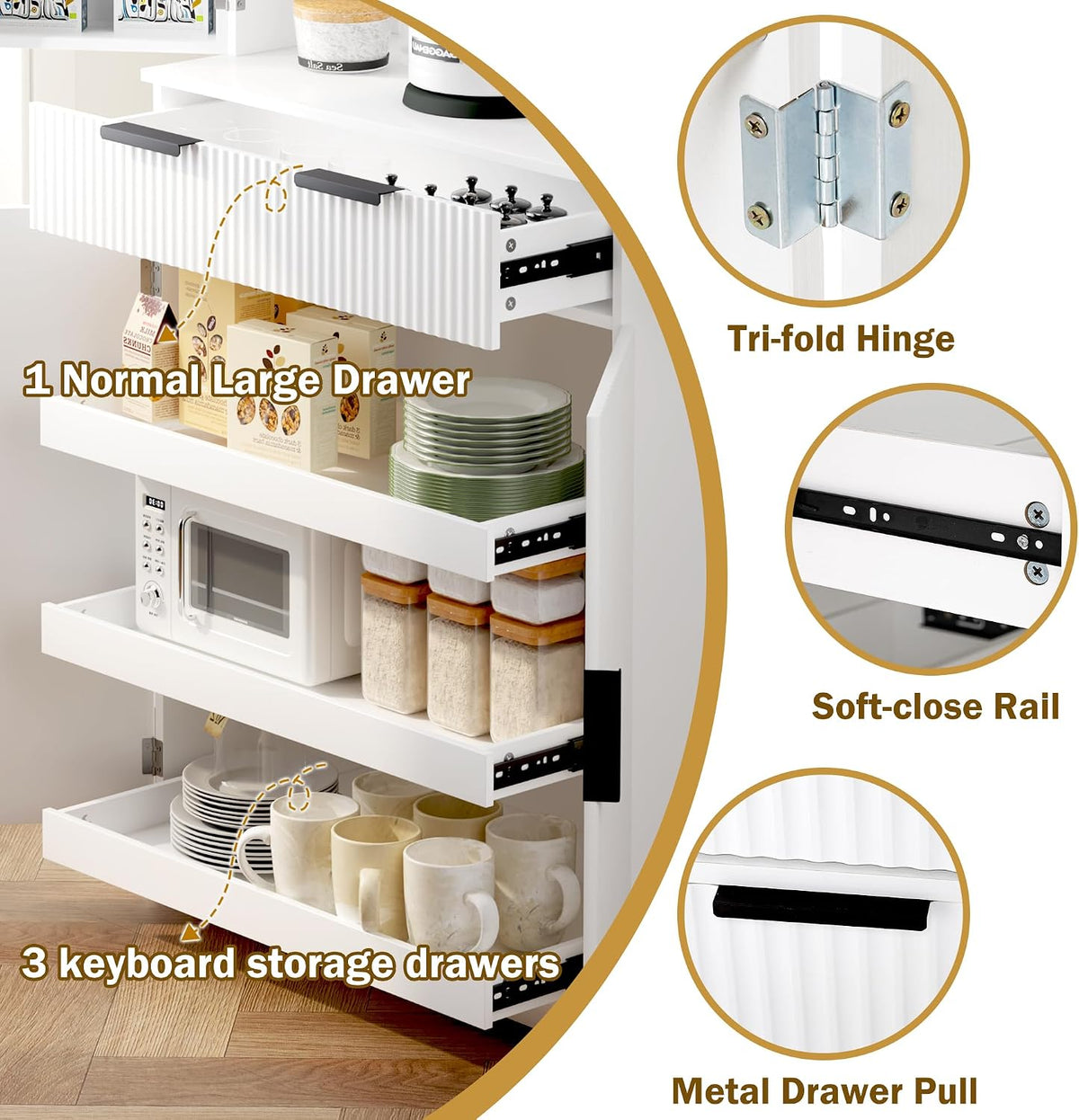 Modern Kitchen Pantry Cabinet, 71" Height Tall Freestanding Cupboard with a Drawer,3 Sliding Rack,6 Hanging Shelves,Fluted Kitchen Organizer Storage Cabinet for Dining Room Living Room (White-1)