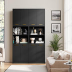 Cozy Castle Kitchen Pantry Cabinet, 75" Tall Wood Storage Cabinet with Doors and Shelves, 4 Doors Open Countertop Utility Hutch Cupboard for Dining Room Living Room Bathroom Furniture, Black