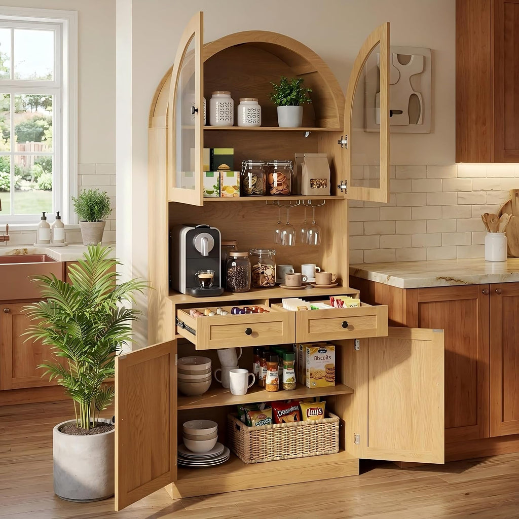 KEIKI 75 Inch Farmhouse Pantry Cabinet with Charging Station, Tall Arched Coffee Bar Cabinet with Adjustable Shelves & Drawer, Freestanding Storage Sideboard for Kitchen Dining Room Living Room, Oak