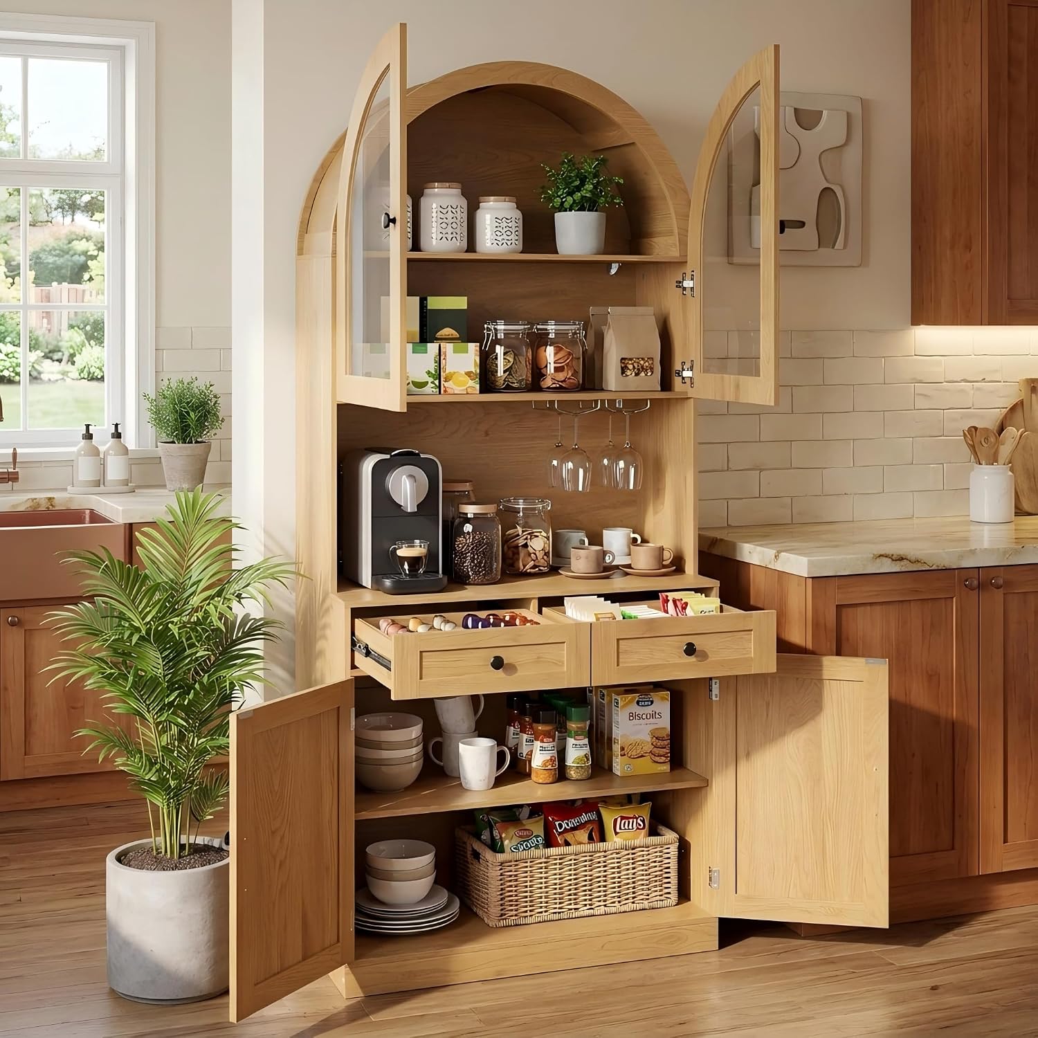 KEIKI 75 Inch Farmhouse Pantry Cabinet with Charging Station, Tall Arched Coffee Bar Cabinet with Adjustable Shelves & Drawer, Freestanding Storage Sideboard for Kitchen Dining Room Living Room, Oak
