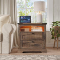 Vabches Nightstand with Charging Station and LED Lights, Vintage End Table with 2 Drawers, Wood Rustic Sofa Side Table with Open Storage Shelf for Bedroom, Living Room, Dark Brown