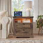 Vabches Nightstand with Charging Station and LED Lights, Vintage End Table with 2 Drawers, Wood Rustic Sofa Side Table with Open Storage Shelf for Bedroom, Living Room, Dark Brown