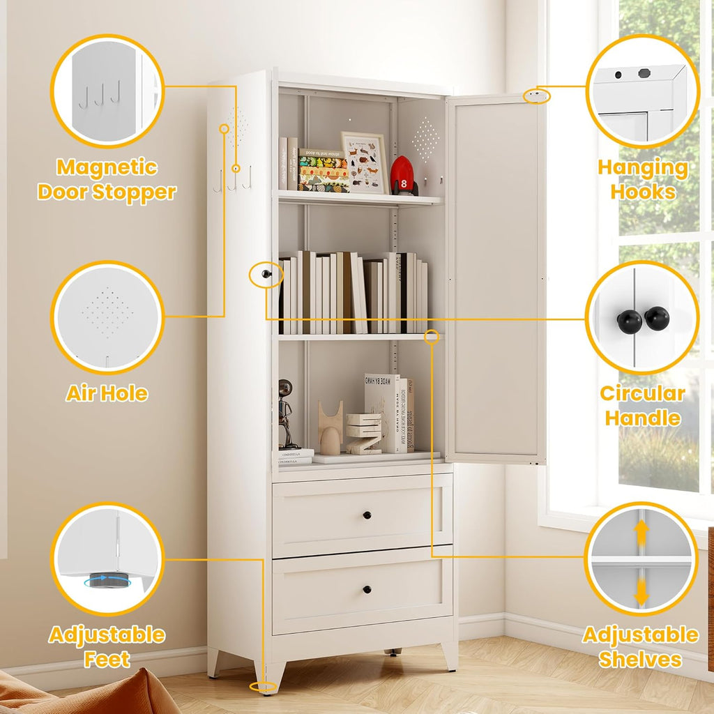 72" Metal Storage Cabinet with 2 Drawer, 2 Adjustable Shelves & Hooks, Utility Kitchen Pantry Cabinet for Home, Living Room, Pantry, Assemble Required (White)