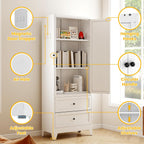 72" Metal Storage Cabinet with 2 Drawer, 2 Adjustable Shelves & Hooks, Utility Kitchen Pantry Cabinet for Home, Living Room, Pantry, Assemble Required (White)