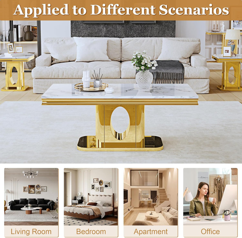 Luxury Square End Table, 23" White Faux Marble Top and Gold Mirror Stainless Steel Base, Modern Side Table for Living Room, Bedroom or Office