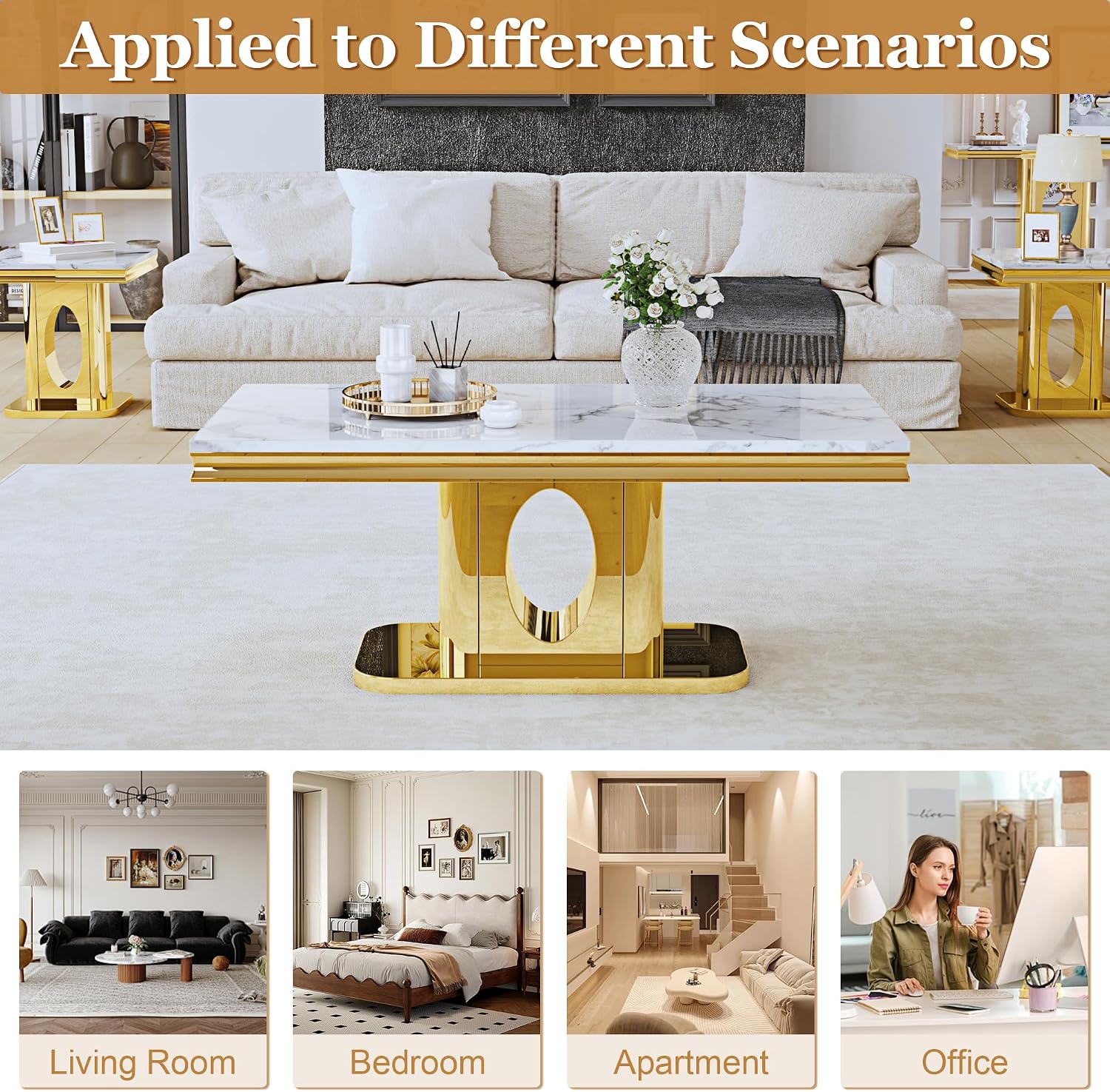 Luxury Square End Table, 23" White Faux Marble Top and Gold Mirror Stainless Steel Base, Modern Side Table for Living Room, Bedroom or Office