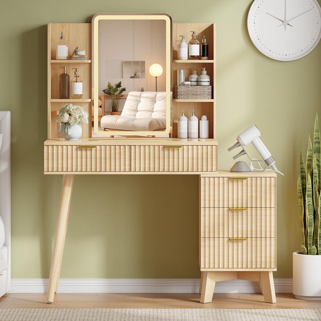 Fluted Makeup Vanity Desk with Mirror and Lights, 42" Modern White Dressing Table for Small Spaces, White Vanity with 5 Drawers & Power Strip, Solid Wood Legs, 3 Lighting Modes for Bedroom