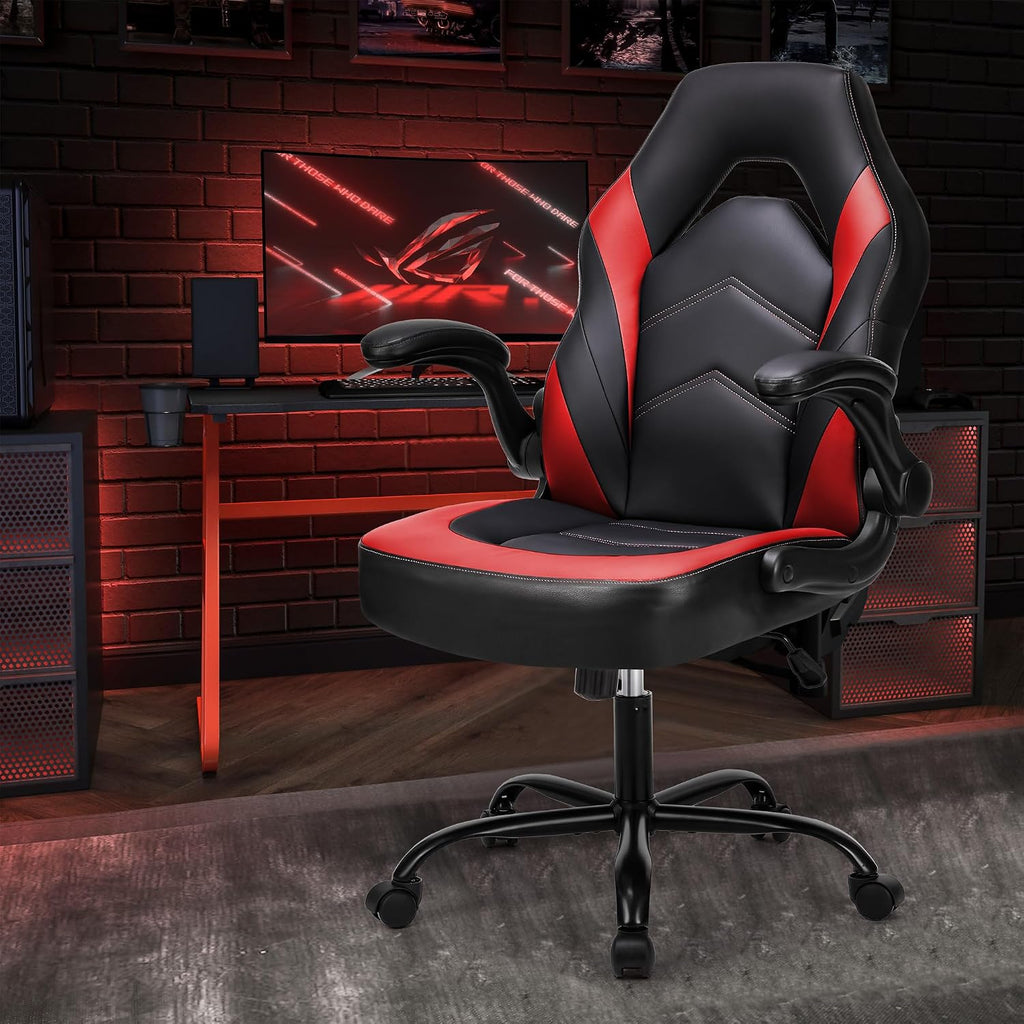 OLIXIS Computer Gaming Chair, Lumbar Support, Video Game | PU Leather, Flip-up Armrests, Adjustable Height, 360° Swivel Wheels, Ergonomic Home Office Desk, Black and Red
