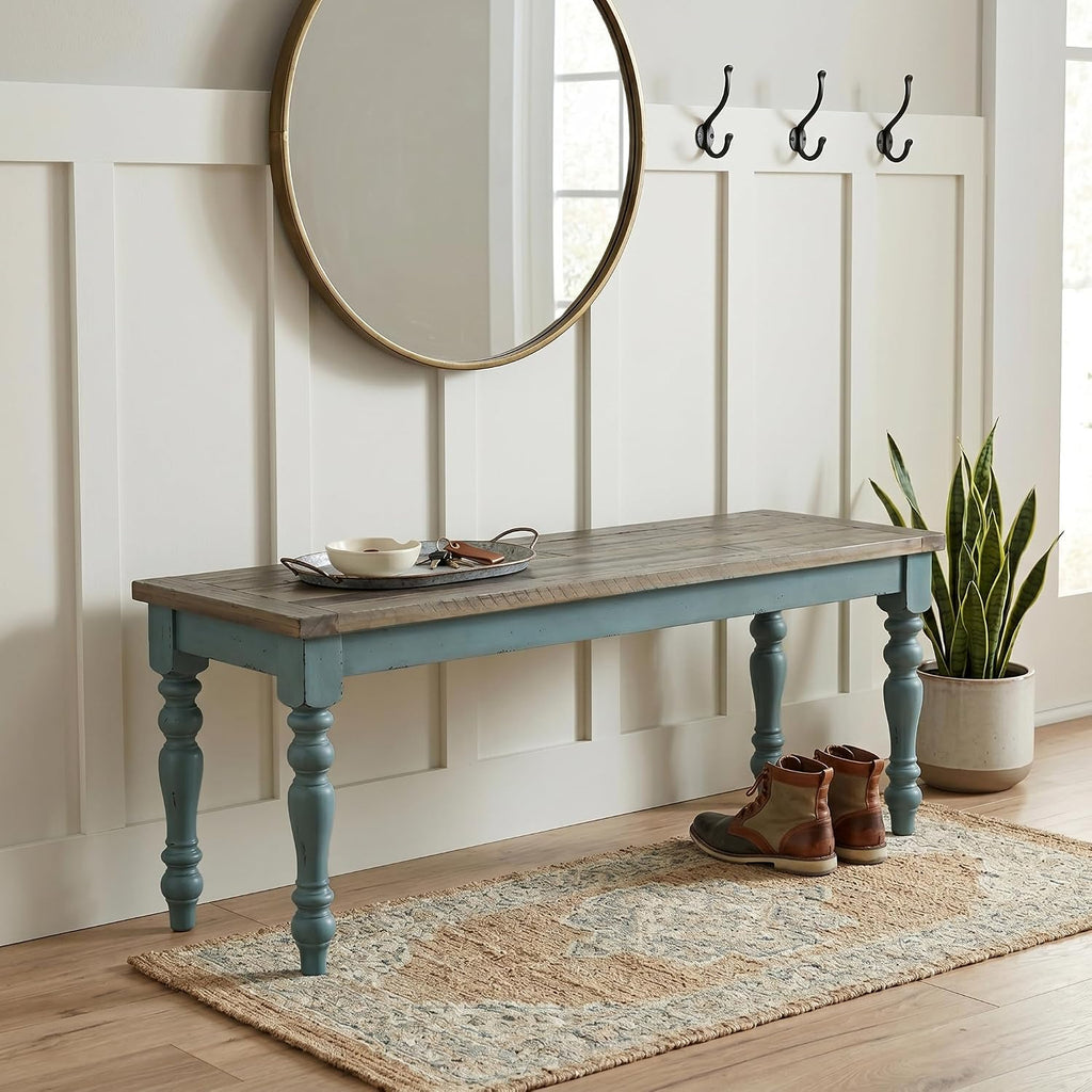 Roundhill Furniture Prato 6-Piece Dining Set, Dining Table with 4 Cross Back Chairs and Bench, Antique Blue and Distressed Walnut Finish
