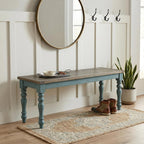 Roundhill Furniture Prato 6-Piece Dining Set, Dining Table with 4 Cross Back Chairs and Bench, Antique Blue and Distressed Walnut Finish