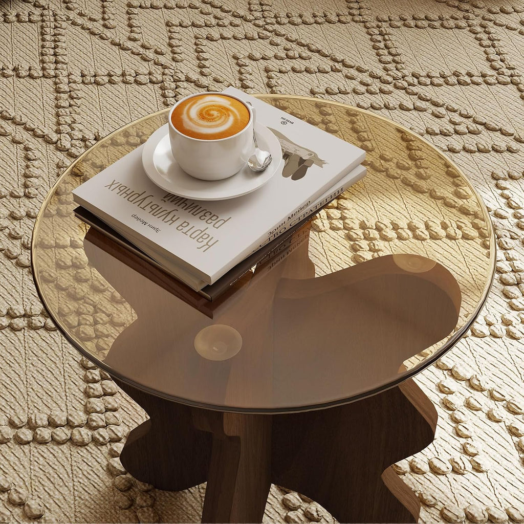 MDF Frame Side Table with Brown Tempered Glass Top, Mortise and Tenon Joint Design, No Screw Easy Assembly, Sturdy End Table for Living Room, Bedroom (Seaweed-Brown)