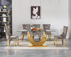 70inch Luxury Dining Table for 4 6, Modern Glass Kitchen Dining Room Table with Gold Mirrored Steel Base,Large Rectangle Tempered Glass Top Dinner Tables for Kitchen, Dining Room