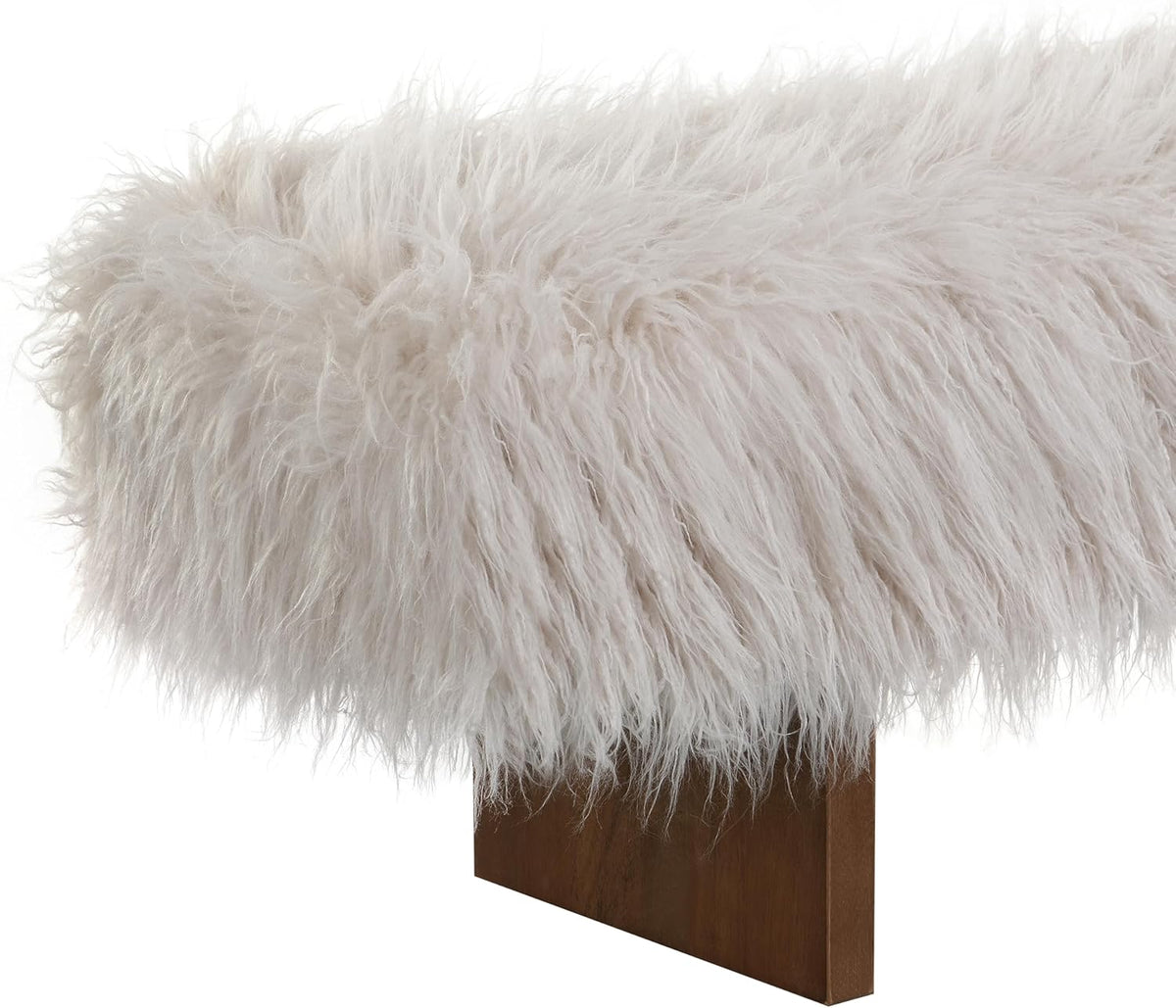 Christopher Knight Home Lenka 67" Long-haired Faux Wool Bedroom Bench, Rubberwood Ottoman Bench, Spacious Seating, Long Footstool for Living Room, Luxury Entryway Bench, Brown+Beige