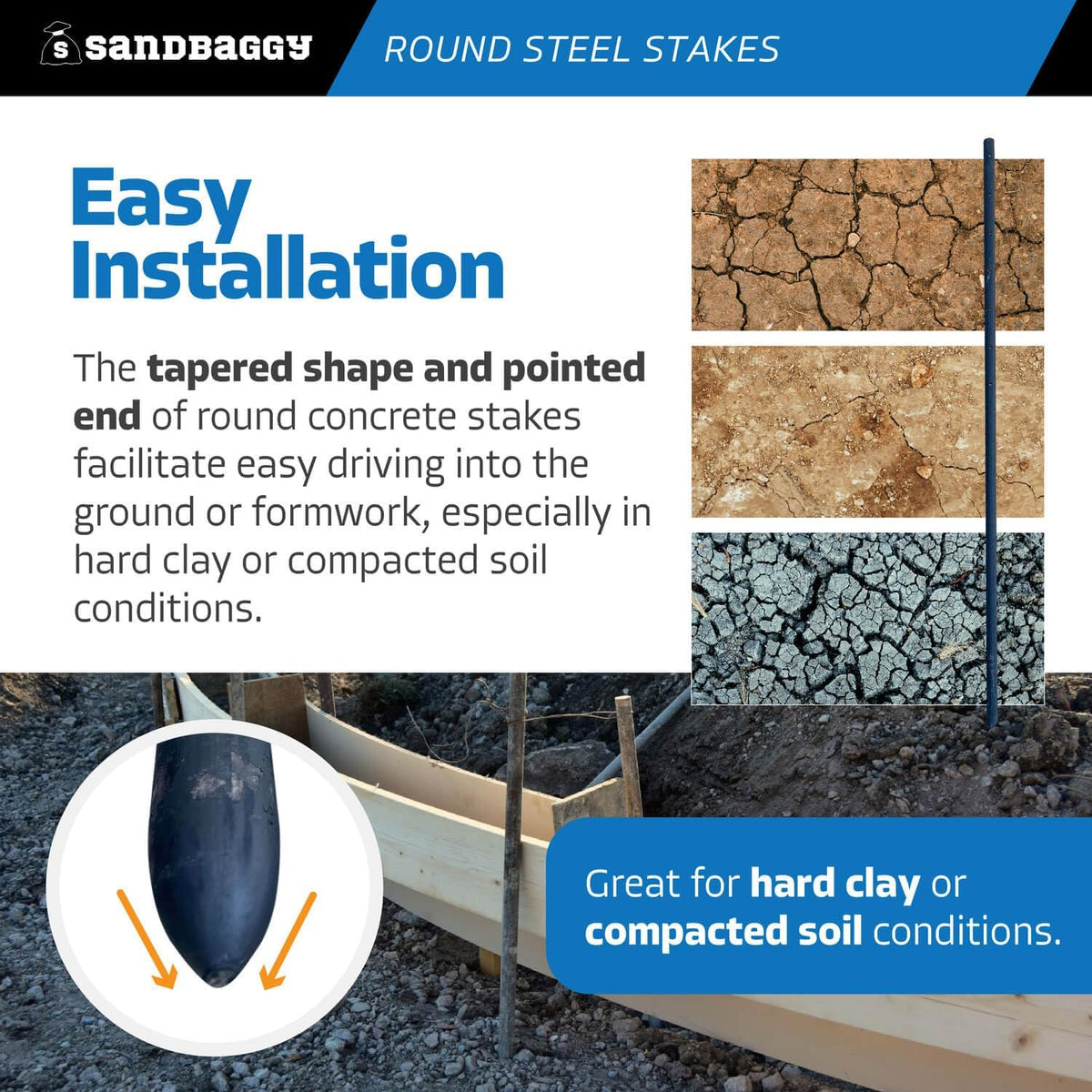 Sandbaggy Round Steel Concrete Form Stakes with Nail Holes - Rust Resistant Coating - Removable, Reusable (5, 3/4 in X 48 in)