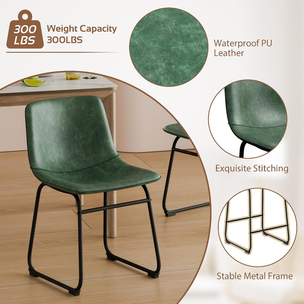 YaFiti 18 inch Modern Dining Chairs Set of 4, Green | Upholstered Wateproof PU Leather Seats, Ergonomic Back, Metal Legs, Kitchen Chairs for Dining Room, Restaurant, Cafe
