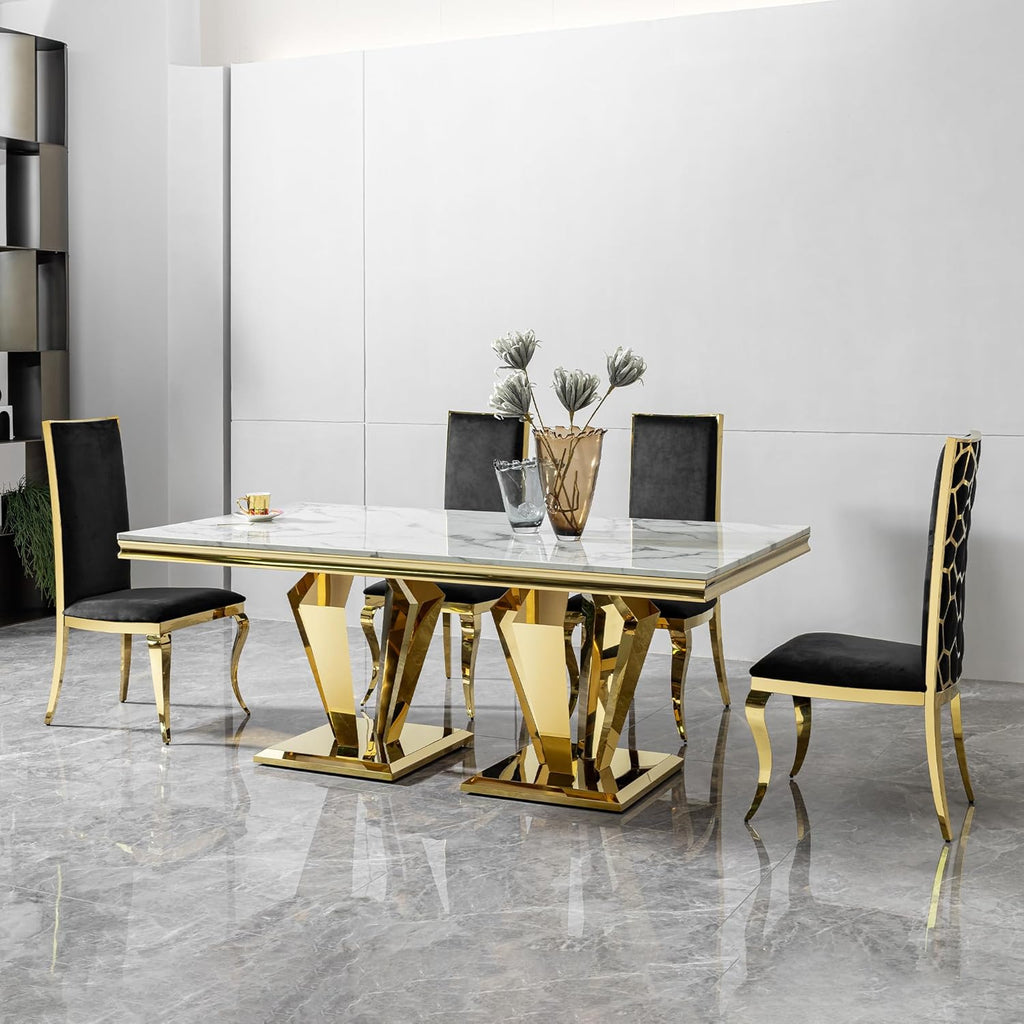 Modern Dining Table 66.9" Dining Room Table with Shiny Gold Stainless Steel Legs & Marble Grain Top for Kitchen,Dining Room,Rectangular