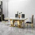 Modern Dining Table 66.9" Dining Room Table with Shiny Gold Stainless Steel Legs & Marble Grain Top for Kitchen,Dining Room,Rectangular