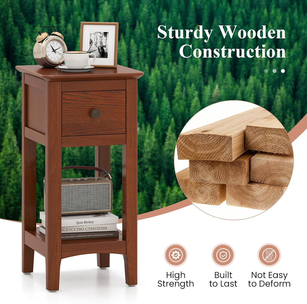 Giantex Narrow End Table with Drawer, 23.5" H Side Table w/Open Storage Shelf & Solid Wood Frame, Small Night Stand for Dorm Living Room, Bedroom, Small Spaces, No Assembly Needed, Walnut