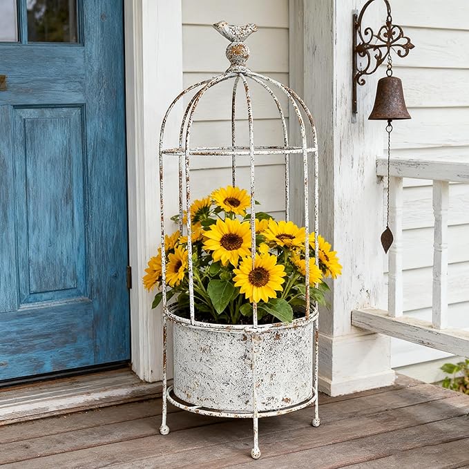 Vintage Rustic Birdcage Planter Stand, Farmhouse Distressed Decorative Metal Round Plants Holder, Outdoor Garden Flower Pot for Climbing Plants, Home Patio Yard Balconies Decor