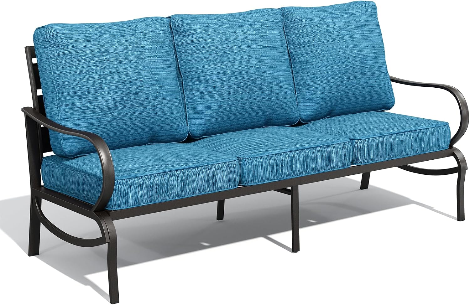 PHI VILLA Metal Patio Sofa with 5.75" Extra-Thick Waterproof Cushion, 3 Seater Deep Seat & High Back Outdoor Couch, All Weather Porch Furniture for Deck Backyard Front Porch Apartment,Peacock Blue