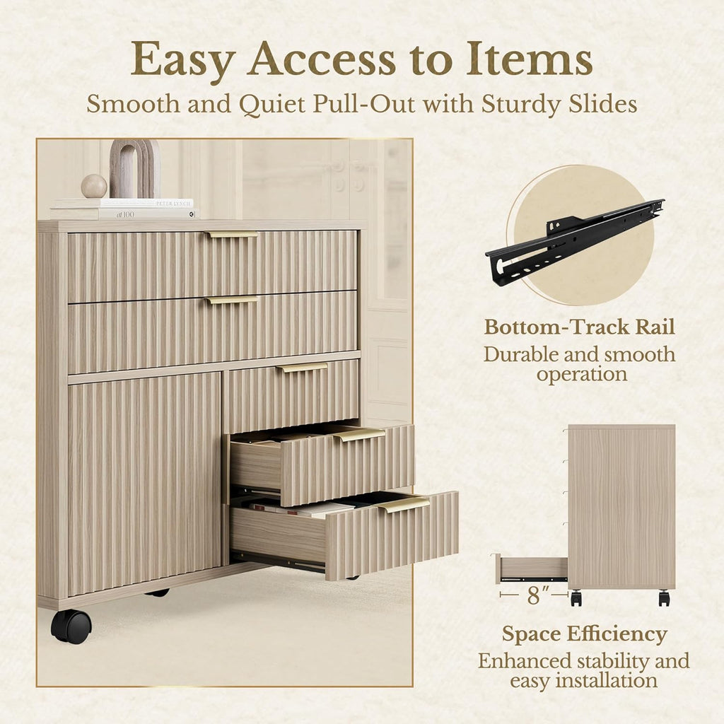 Fluted File Cabinet with 5 Drawers, Large Storage with Cabinet Door, Mobile Filing Cabinet with Locable Wheels for Home Office, Light Oak
