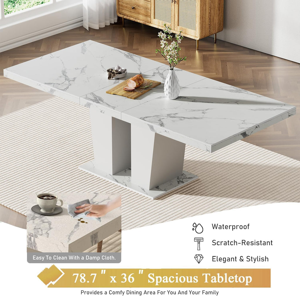 Faux Marble Extendable Dining Table Set for 6, Modern White Kitchen Table Set with 6 Black Tufted Chairs, 7 Piece Extendable Dining Table Set, 63"-78.7" Expandable Dining Table with Sturdy Base