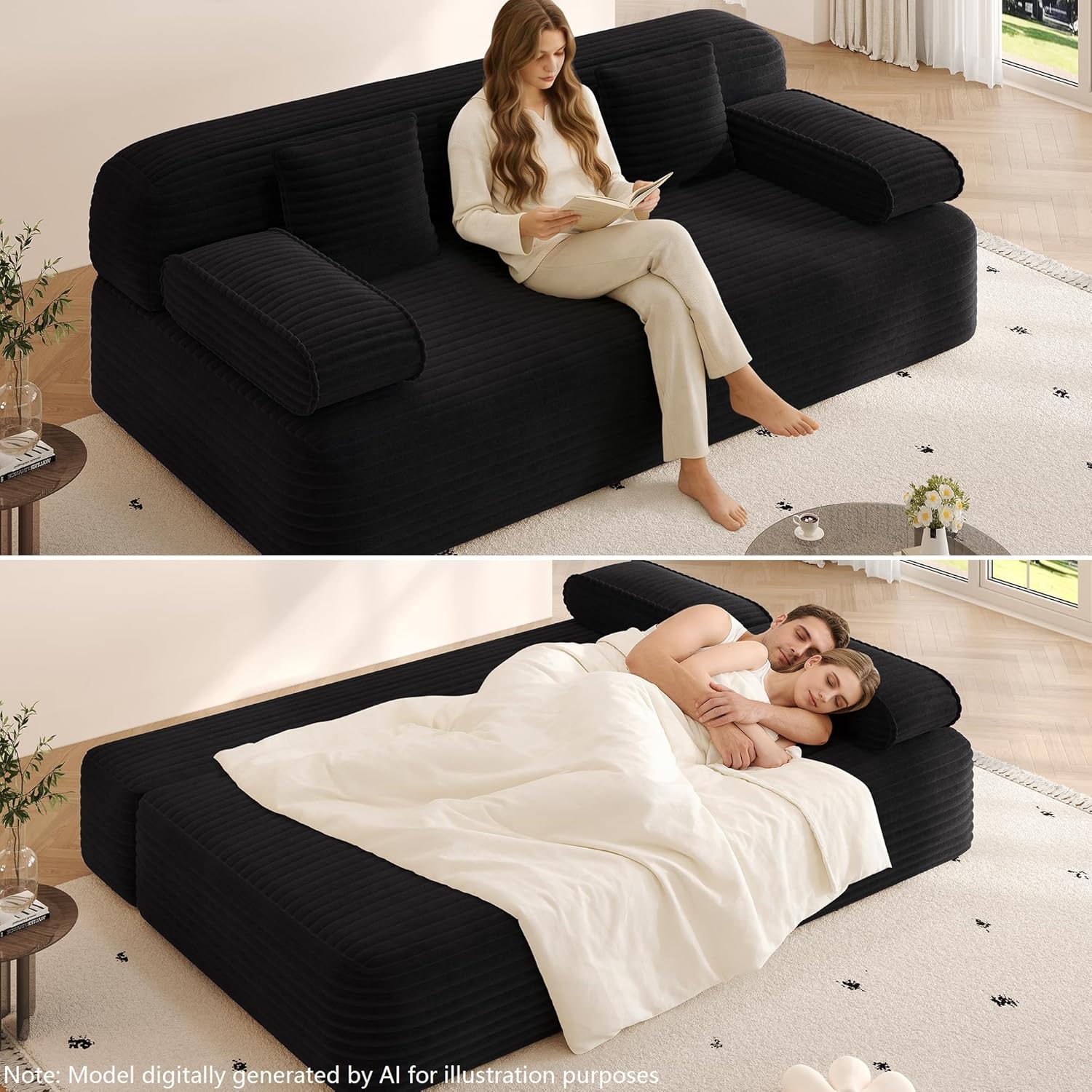 78.7'' Couches Queen, Corduroy Futon Sofa Bed, Modern Floor Couch, Cloud Convertible Sleeper Sofa Daybed, Comfy Loveseat, 3 Pillows, for Small Spaces, Living Room, Apartment, Black