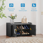 NUNU LAB Shoe Cabinet, Waterproof UV-Resistant Shoe Storage Cabinet with Adjustable Shelves, Entryway Shoe Organizer Bench with 2 Barn Doors for Foyer, Hallway, Living Room, Black