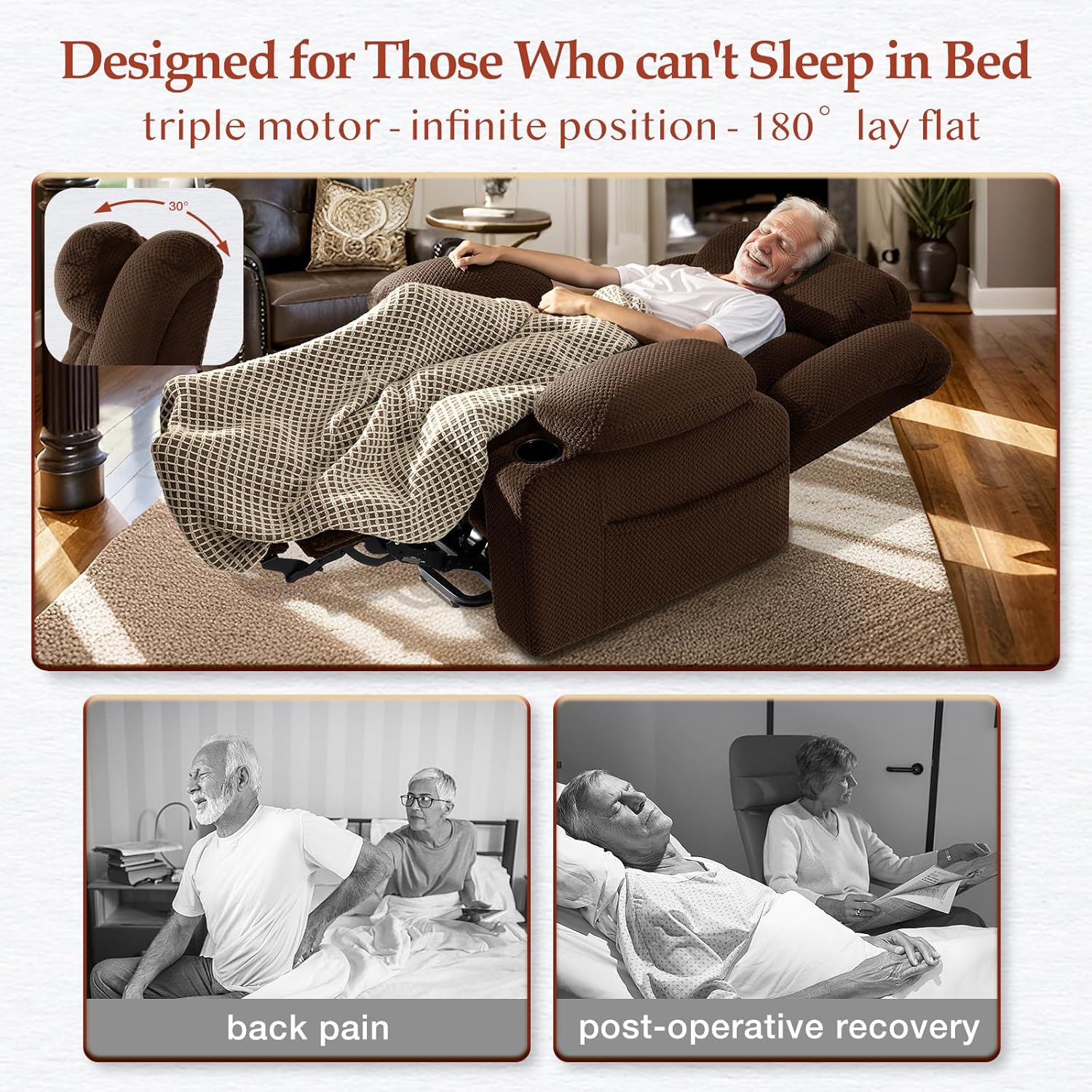 3 Motor Large-Wide Lift Chair, Infinite Position, 180° Lay Flat, Power Lift Chairs Recliners for Elderly Big and Tall, Massage & Heat, Extended Footrest (Deep Brown, Large Wide)