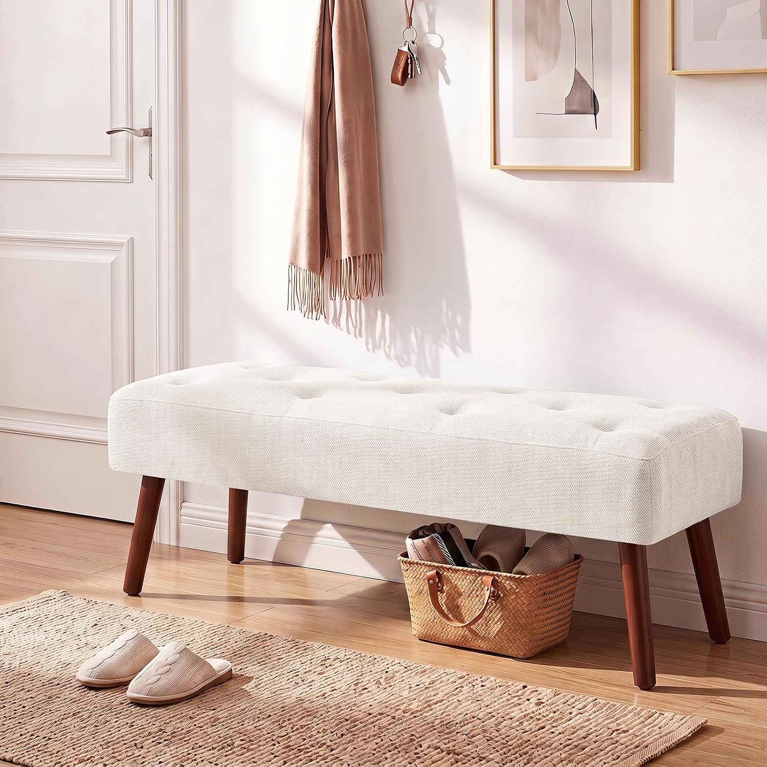 Furniliving 44 Inch Bedroom Bench, Modern Ottoman End of Bed Bench, Upholstered Chenille Padded Benches Ottoman Bench with Wooden Legs for Living Room Hallway, Kitchen, Entryway, Beige