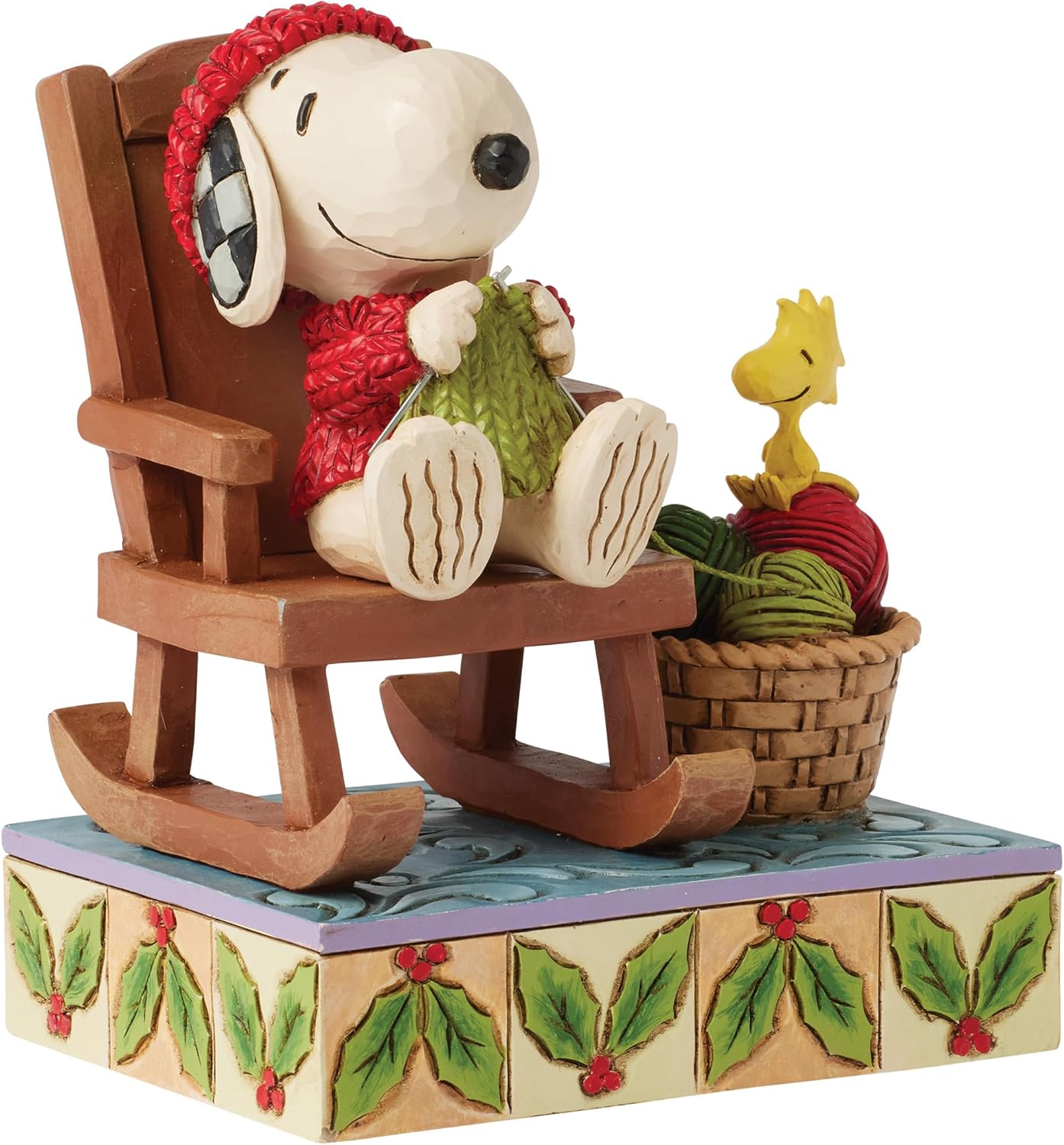 Enesco Peanuts by Jim Shore Snoopy in Rocking Chair Knitting with Woodstock Figurine, 5 Inch, Multicolor