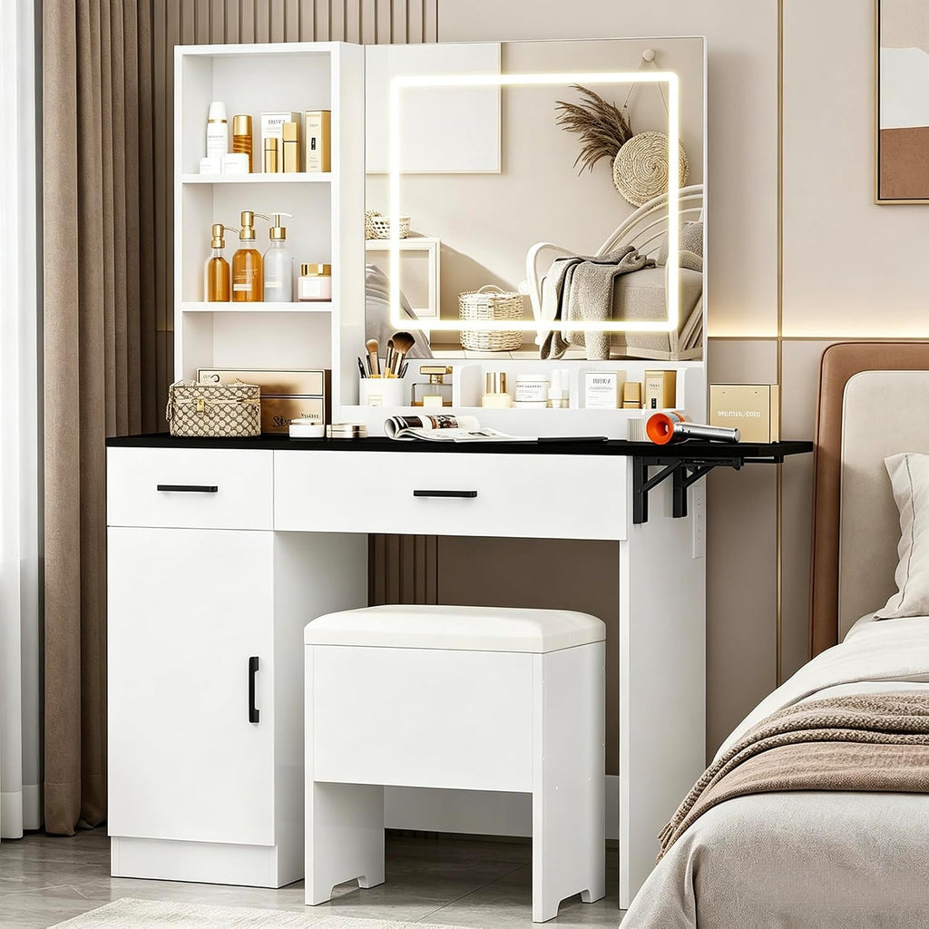 Modern Vanity Makeup Station with Light Up Mirror, 3 Color Lighting Modes with Adjustable Brightness, Built-in Power Charging Station for Bedroom （053 Black）