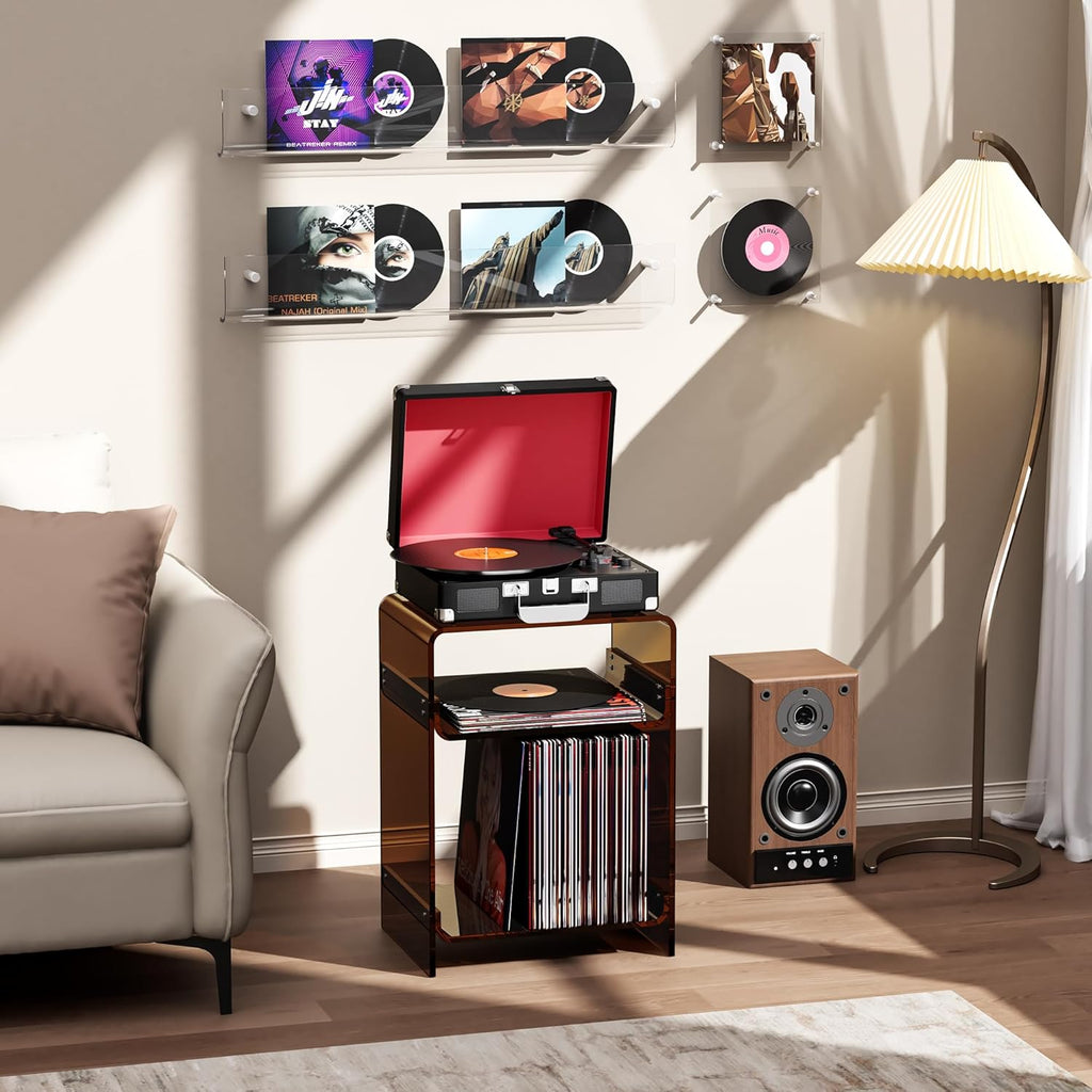 Acrylic Record Player Table with Storage Shelf, Clear Side Table Nightstand (Dark Brown, Medium)