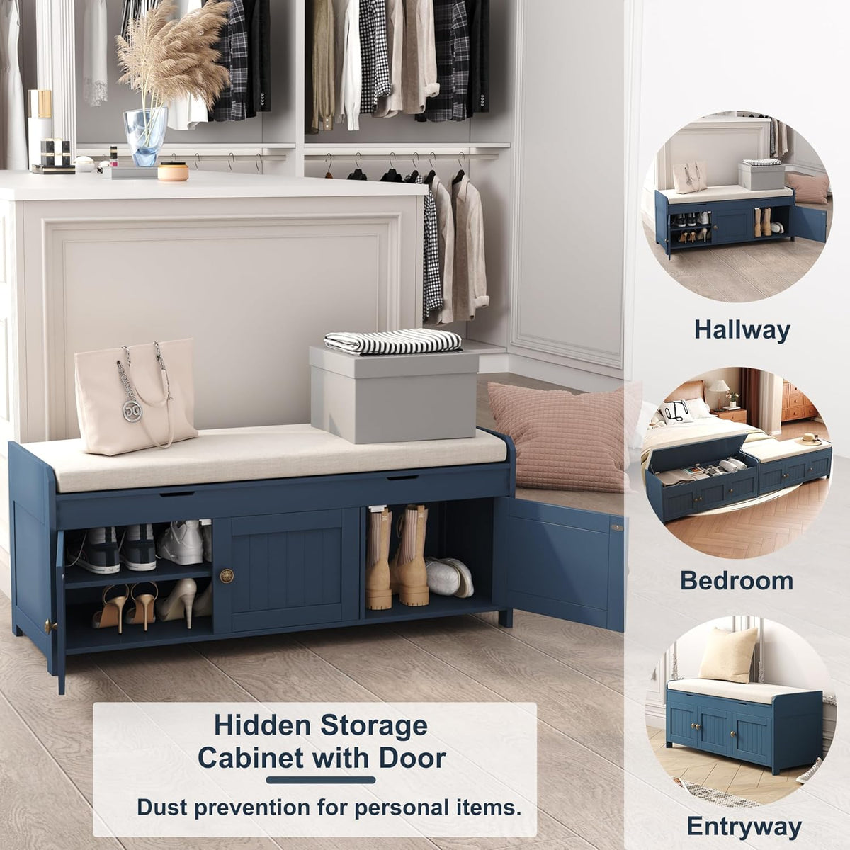 HOMEFORT 41.3" Shoe Bench with Lift Top Storage, Entryway Bench with Cushioned Seat, Wooden End of Bed Bench, Shoe Cabinet Bench with Hidden Storage Space, for Bedroom, Hallway,Blue