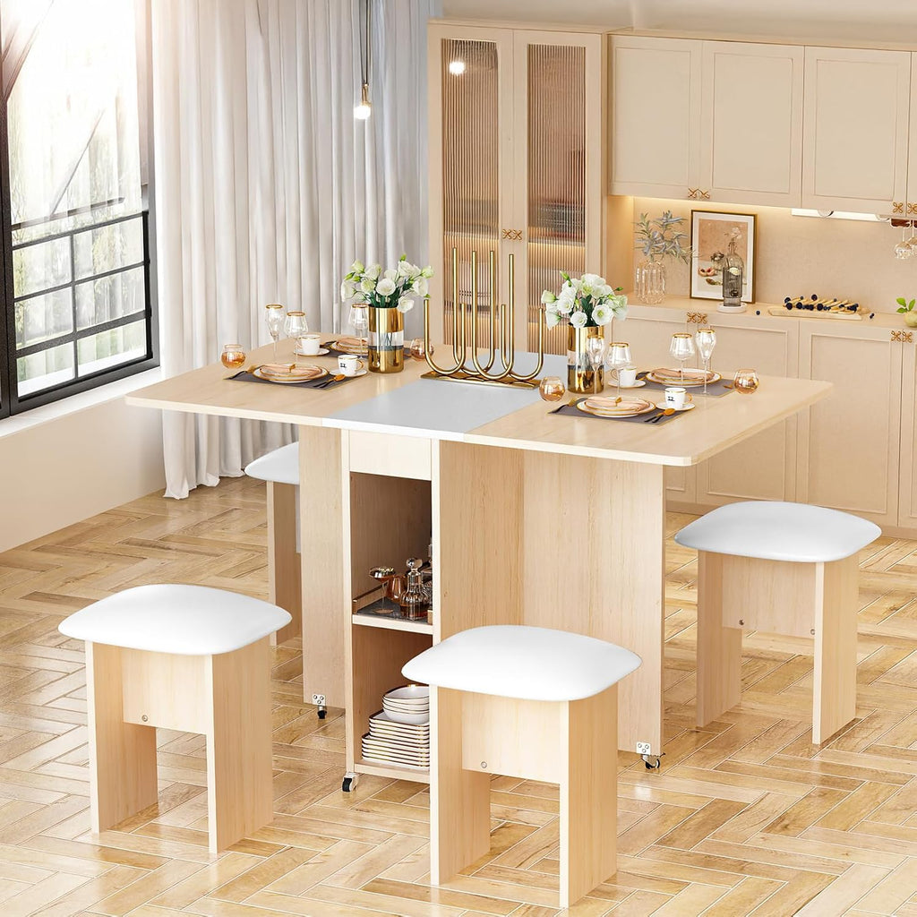 AWQM Folding Dining Table Set, Storage Folding Table & Chair, Beige White | Dining Table Set for 4, Storage Folding Table & with 4 Leather Chair, Space Saving,For Kitchen & Apartment, MDF & Metal Frame