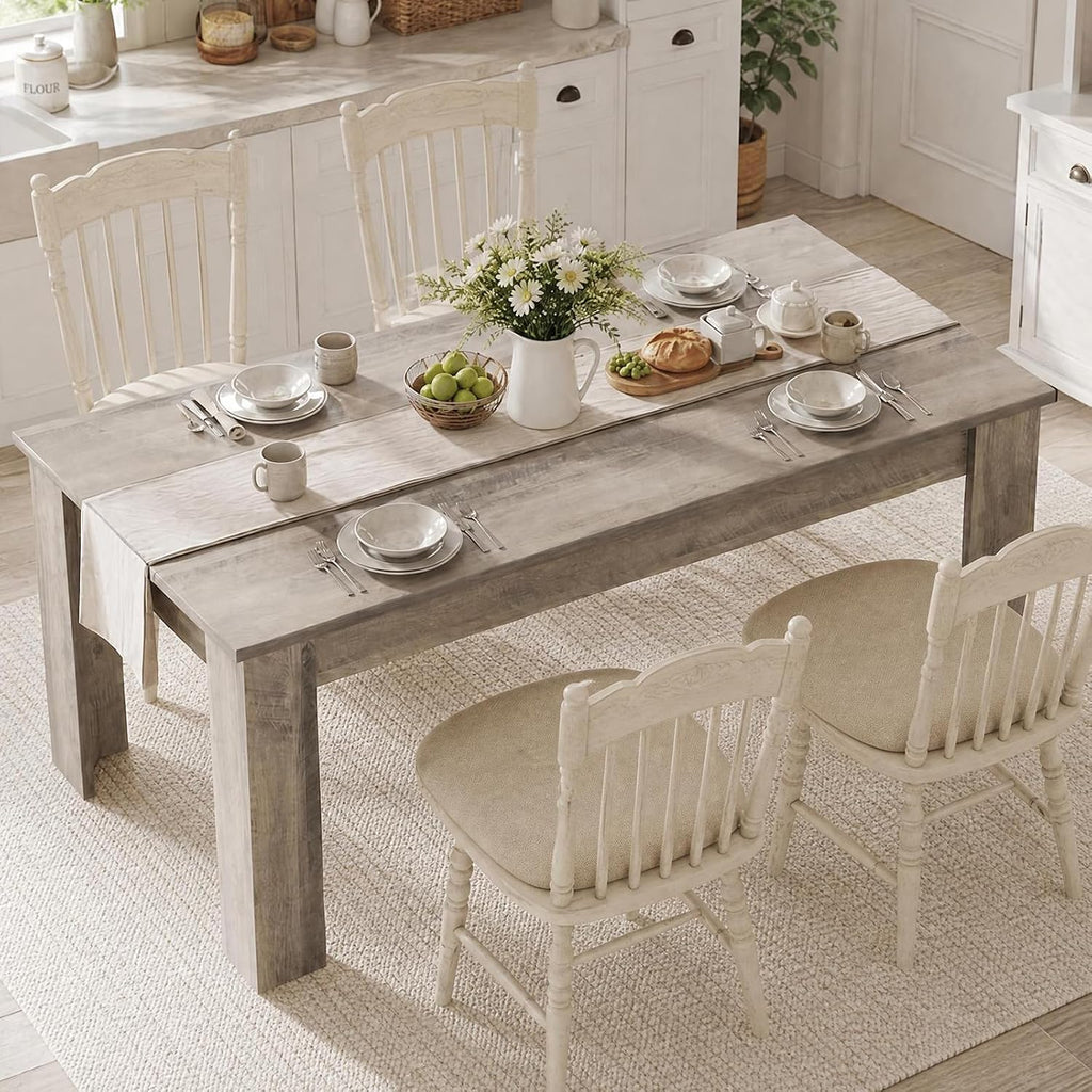 CABIHOME 63" Rectangular Dining Table for 4-6, Farmhouse Large Kitchen Table, Sturdy Frame, 4 Triangular Stable Legs, Thick Tabletop, Ideal for Apartment, Dining Room, Small Space, Retro Gray