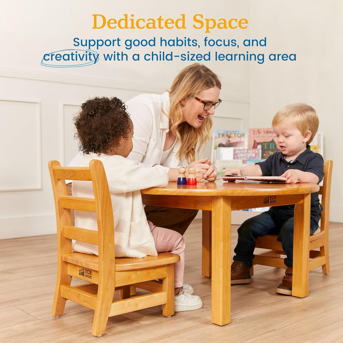 ECR4Kids 30in D Round Hardwood Table with 16in Legs and Two 8in Chairs, Kids Furniture, Honey | Durable rubberwood, GREENGUARD Gold Certified, ANSI/BIFMA Compliant, 2-3 years, 74 lb seat capacity, classroom & home use