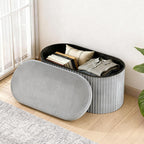 GLAXYFUR Folding Storage Ottoman, Velvet Upholstered Foot Rest, 30 Inches Oval Storage Bench for Bedroom, Living Room & Entryway (Light Grey)