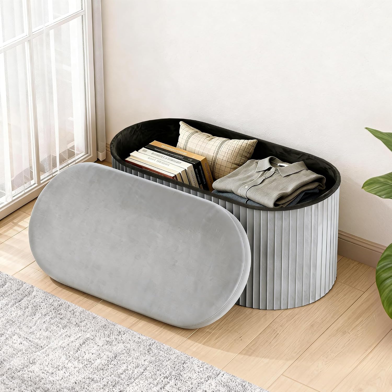 GLAXYFUR Folding Storage Ottoman, Velvet Upholstered Foot Rest, 30 Inches Oval Storage Bench for Bedroom, Living Room & Entryway (Light Grey)
