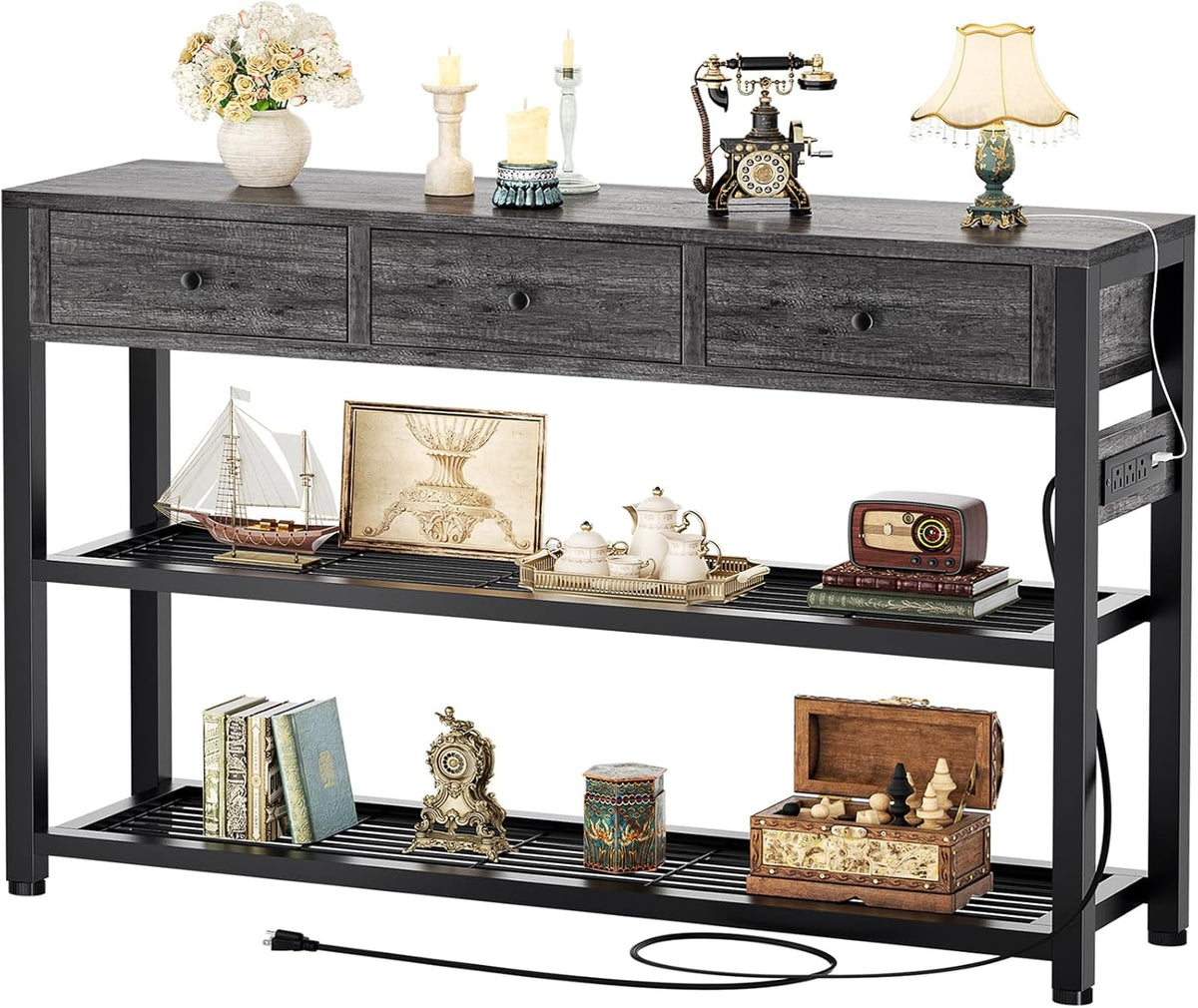 Ecoprsio Entryway Table with Power Outlets, 47" Console Table with Drawers | Sofa Tables Narrow Long, Behind Couch Table Entry Way Table with Shelves Storage for Living Room, Hallway, Grey Oak