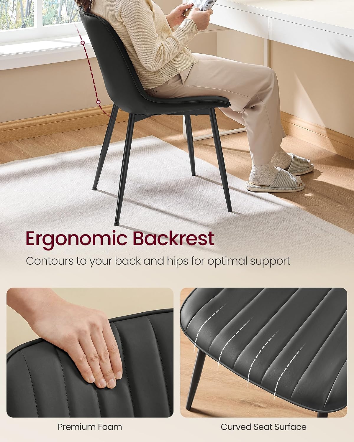 VASAGLE Dining Chairs Set of 2, Upholstered Kitchen Chairs, Synthetic Leather, Max. Load 264 lb, Steel Legs, Curved Backrest, for Dining Room, Dove Gray and Ink Black ULDC090BH02